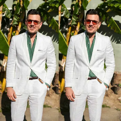 White Men Linen Suit Casual Prom Party Groom Tuxedo Wedding Leisure Custom • $83.72