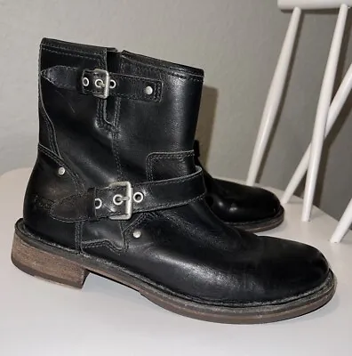 UGG  Fabrizia Womens US 6.5 Black Leather Zip Up Buckle Moto Boots Shoes • $60