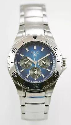 $34.47 • Buy Relic Watch Mens Day Date 24hr Stainless Steel Silver 50m Water Res Blue Quartz