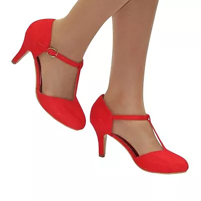 Womens Red Lace Embellished High Heel Ankle Strap T-bar Full Toe Court Shoes • £12.99