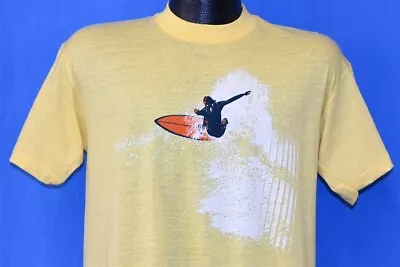 Vtg 80s SURFBOARD SURFING OCEAN BIG WAVES BEACH YELLOW SURF T-shirt MEDIUM M • $99