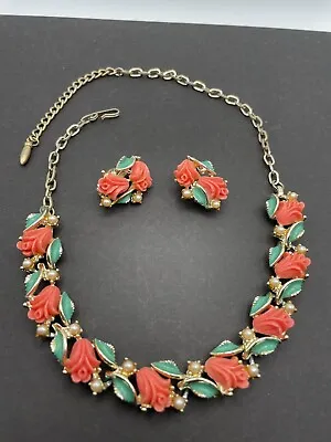 Vintage Carved Coral Celluloid Flower Pearl Beaded Enamel Necklace Earrings Set • $42.95