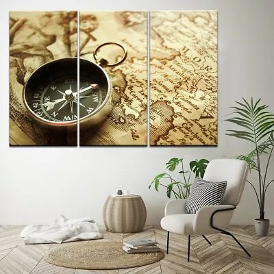 3 Pieces Compass And Vintage Map Imitation Canvas Wall Art Atlas Posters Decor • $274.95