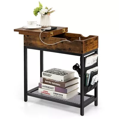 Industrial Flip Top End Table Hidden Storage Compartment Desk W/Charging Station • $58.99