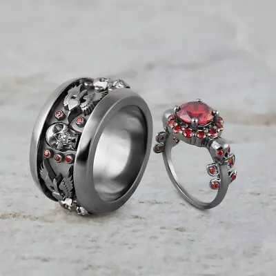 His And Her Skull Wedding Ring Set Matching Couple Halo Garnet Gun Metal Finish • $590.77