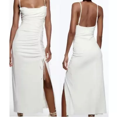 NWT Zara Sleeveless Side Ruched Split Drape Maxi Dress White Women's Size Medium • $75