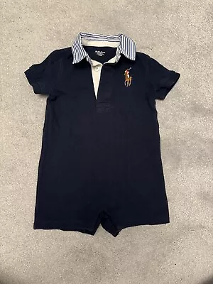 Ralph Lauren Baby Boy 12 Months Old Polo Shortall Navy Blue Stripped Collar • £5.50