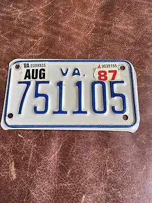 1987 Virginia Motorcycle 🏍 License Plate. VA Tag # 751105 • $13.75