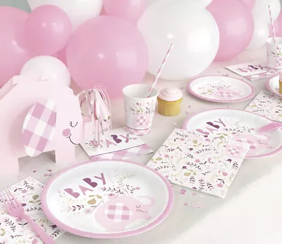 Baby Shower Pink Party Tableware Balloons Decorations Plates Elephant Cute Girls • £2.99