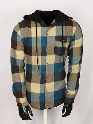 Mens Plaid Flannel Teal Tan Shirt Hoodie Lightweight Button Up Pocket Slim Fit • $10.95