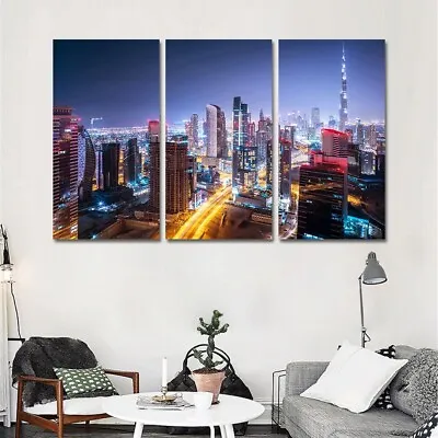 Dubai City Buildings Night Scape 3 Piece Canvas Print Wall Art Home Decoration • $103.85