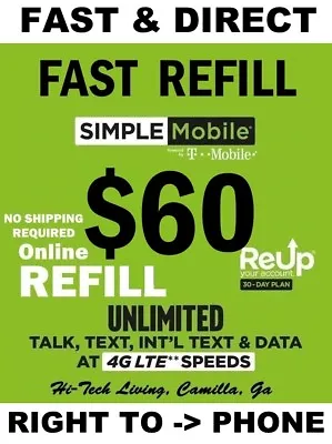$60 SIMPLE MOBILE PREPAID REFILL DIRECT To PHONE 🔥GET IT TODAY🔥FASTEST REFILL • $65.75