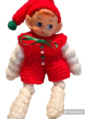 VINTAGE Pixie Elf Christmas 9 Inch Crocheted Handmade Rubber Face Corkscrew • $15.28