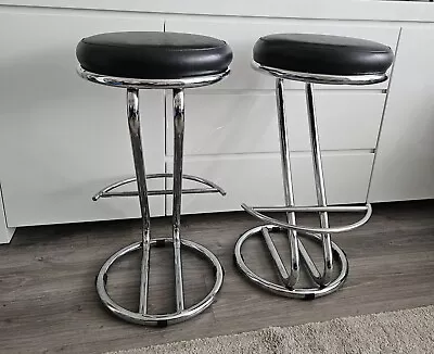 Two Chrome Z Shaped Bar Stools With Black Faux Leather Seats • £49.50