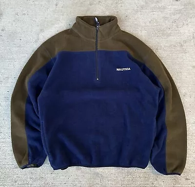 Vintage Nautica Fleece Sweater Mens Large Navy Blue Green 1/4 Zip USA Made • $29.95