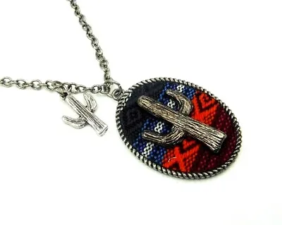 Antique Silver Etched Saguaro Cactus On Oval Multi-color Fabric Pendant Necklace • $1.50