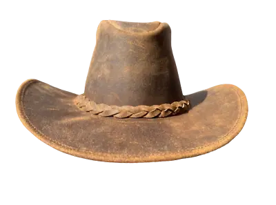 Men Cowboy Hat Real Leather Australian Western  Style Tan Crazy Horse Bush Hat • £19.99