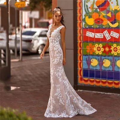 Sleeveless Backless V Neck Mermaid Appliqué Lace Bridal Gown Boho Wedding Dress • $419.99