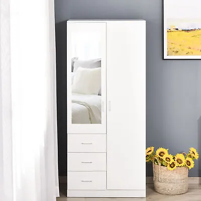 2-Door Wardrobe W/ Adjustable Shelf 3 Drawers Mirror Home Storage 180cm White • £201.99