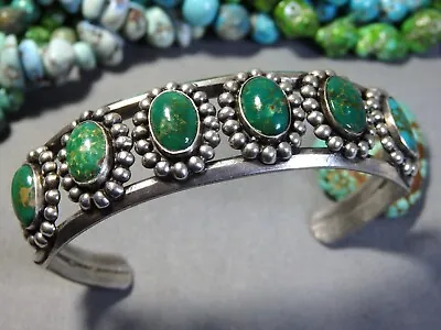 Fred Harvey Era ZUNI Hachita TURQUOISE Coin Silver 6GEM Row CUFF Bracelet • $359