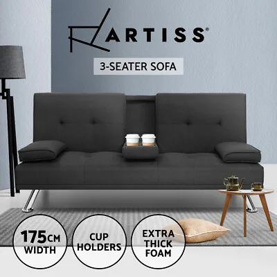 Artiss Sofa Bed Lounge Futon Couch Beds 3 Seater Fabric Cup Holder Dark Grey • $269.95