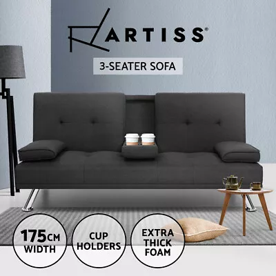 Artiss Sofa Bed Lounge Futon Couch Beds 3 Seater Fabric Cup Holder Dark Grey • $299.95