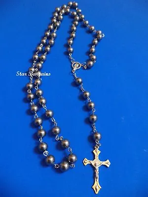 Religious METAL Rosary BEADS 20  Necklace Cross Crystal Dark Grey Silver Balls N • £5.99