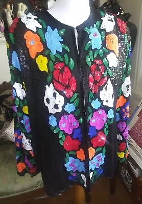 Temptations Vintage Silk Black Multi-Color Sequinned Jacket Size L Large • $64.99