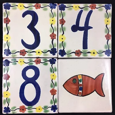 Mexican Talavera Ceramic Tile House Numbers Tiles 4 X 4 - Fish 3 4 8 - 4 Total • $22.95