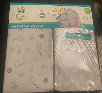 Brand New - Pair Of Disney Baby Fitted Cot Bed Sheets - Grey/white Dumbo & Stars • £9.99