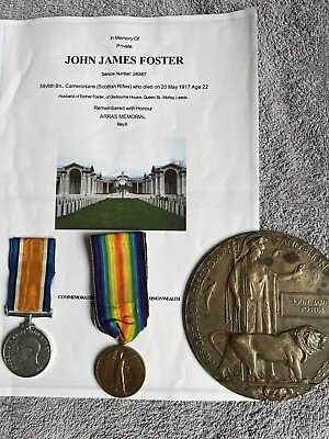 £250 • Buy WW1 Medals Death Plaque Foster KIA Casualty Morley Leeds Scottish Riffles Arras