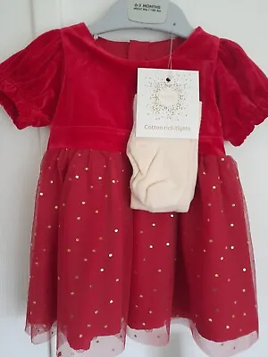 Marks And Spencer Baby Girl's Red Velvet And Organza Party Dress NWT With Tights • £8