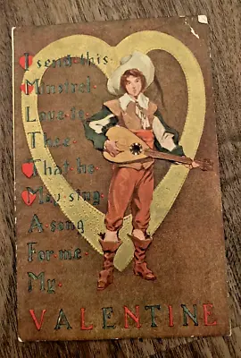 Vintage Valentine's Embossed Boy Playing Mandolin Gold Heart Love Postcard • $2.99