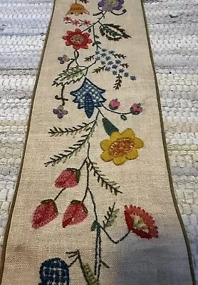 Wall Hanging Tapestry Folk Art Vintage European Embroidered Crewel Linen 50x5.5” • $229.99
