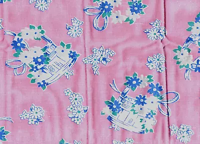18 X 36  Piece Feed Sack Fabric Pink Blue Bucket Flowers Cotton Quilts Vintage • $4.50