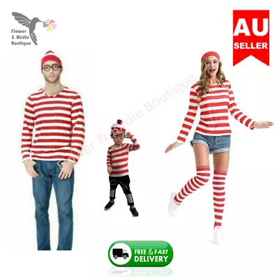 Book Week Women Men Adult Kids Wheres Wally T-shirt Hat Glasses Set Costume AU • $28.99