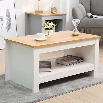 Simple Coffee Table With Storage Shelf End Centre Table Storage Table White+Oak • £45.99