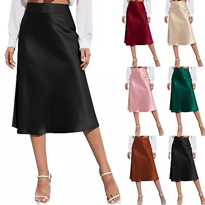 Womens High Waist Midi Skirt Solid Satin Dress Zipper Elegant Summer Skirts • $13.26