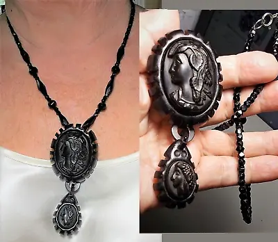 Double Mourning Bacchante Cameo W/ Dangle Victorian Vulcanite Whitby Necklace • $349.90