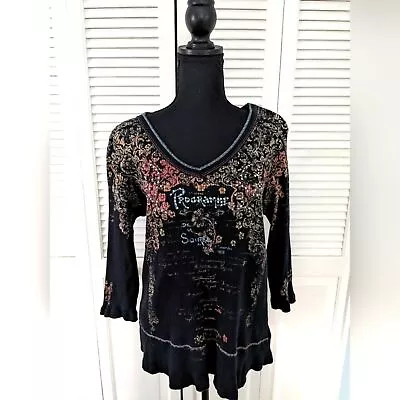 Vanilla Sugar Sz 1X Black Embossed Boho Design 3/4 Sleeve Knit Top • $17.99