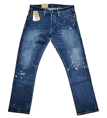 Polo Ralph Lauren Men's Varick Slim Straight Blue Jeans Paint Splatter Rope Dyed • $89.99