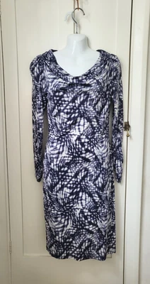 $12.47 • Buy GHOST Navy Blue White Tie Dye Cowl Neck Stretchy Occasion Work Dress S 8-10 