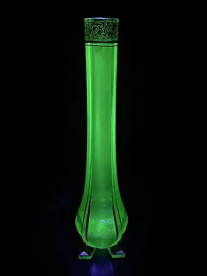 Antique Vintage Uranium Vaseline 12” Bohemian? Glass Rocket Vase Czech Art Deco • $125