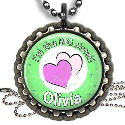 Personalized I'm The Big Sister Hearts Glitter Dome Bottle Cap Necklace New Baby • $9.95