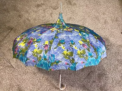 VTG 1960s Pagoda Umbrella Parasol Blue Spring Floral Boho Carved Hook Handle • $75