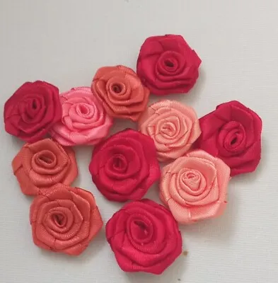 10 Satin Ribbon Rosebuds Satin Ribbon Flowers 3cm Mix 30mm Scrapbook Applique • £2.99