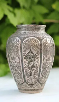 Antique Museum Masterpiece Heritage Qalam Zani Silver 84 Vase Handmade Qajar • $1400