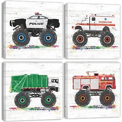 Monster Truck Room Decor Watercolor Cartoon Car Wall Art For Boys Bedroom Gar... • $85.99