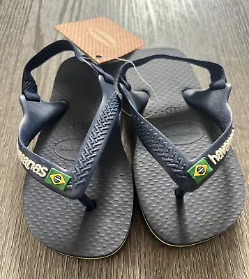 NWT Baby’s Navy Blue Havaianas Brasil Logo Flip Flops: Size: 22 • £4.99