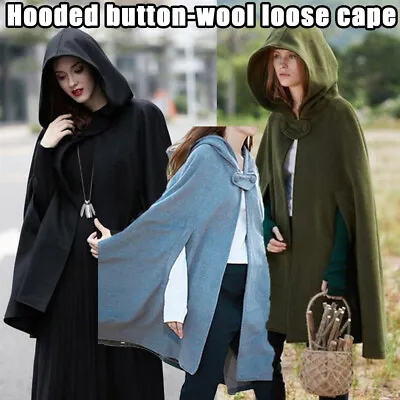 Ladies Button Hoodies Poncho Cape Women Winter Warm Casual Cardigan Cloak Coat. • £21.23